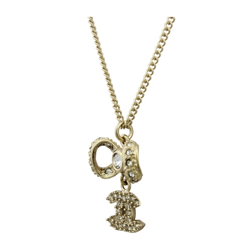 CHANEL/香奈兒 淡金色雙C鑲水鉆蝴蝶結(jié)吊墜項(xiàng)鏈