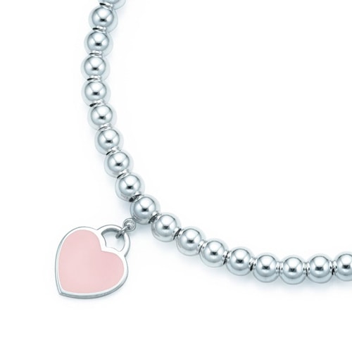 Tiffany & Co./蒂芙尼 女式純銀粉色心形小珠Bead琺瑯手鏈 7.5英寸 TGRP03577