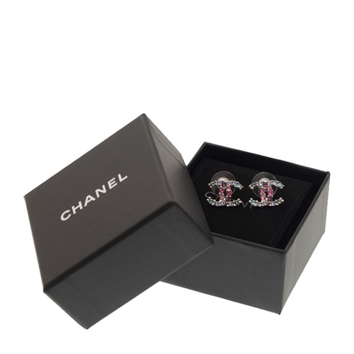 CHANEL/香奈兒 經典LOGO鑲鉆金屬耳釘藍色/粉色