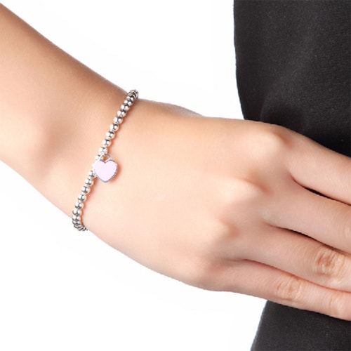 Tiffany & Co./蒂芙尼 女式純銀粉色心形小珠Bead琺瑯手鏈 7.5英寸 TGRP03577