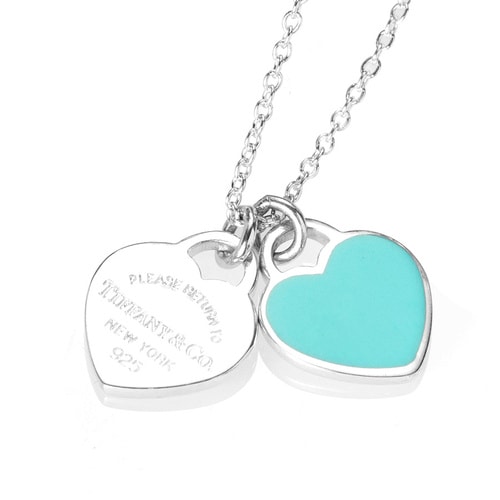 Tiffany & Co./蒂芙尼 女式925純銀藍色時尚雙心琺瑯項鏈 16英寸 TBDZ0079