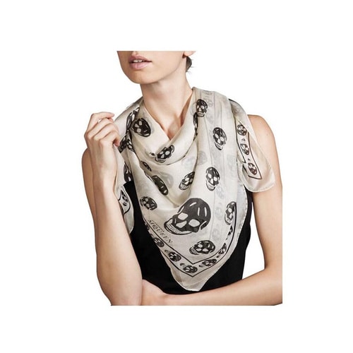 Alexander McQueen/亞歷山大麥昆 女士新品 簡(jiǎn)約復(fù)古骷髏圖案桑蠶絲 絲巾圍巾