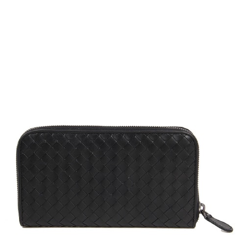 Bottega Veneta/葆蝶家 經(jīng)典款黑色牛皮男士編織長款拉鏈錢包