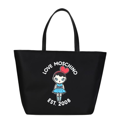 LOVE MOSCHINO/莫斯奇諾 女士印花女孩尼龍購(gòu)物單肩包 JC4259PP01 黑色