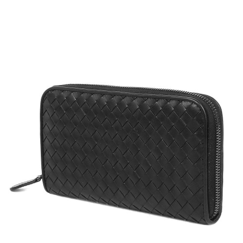 Bottega Veneta/葆蝶家 經(jīng)典款黑色牛皮男士編織長款拉鏈錢包