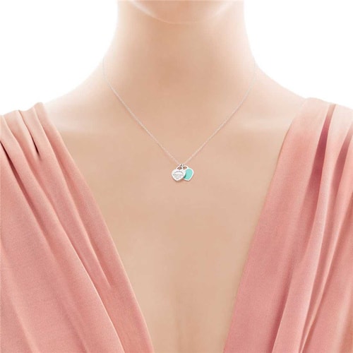 Tiffany & Co./蒂芙尼 女式925純銀藍色時尚雙心琺瑯項鏈 16英寸 TBDZ0079