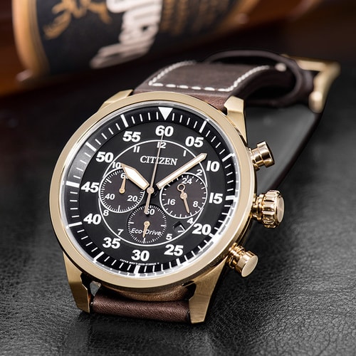 Citizen/西鐵城 光動能玫瑰金大表盤計時男表CA4213-00E