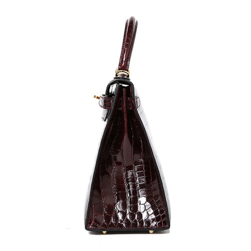 HERMES(愛馬仕) 酒紅色兩點鱷魚皮金扣外縫兩用包Kelly28