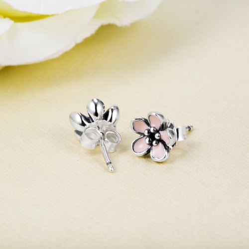 PANDORA/潘多拉 925銀 粉色琺瑯櫻花耳釘290537EN40