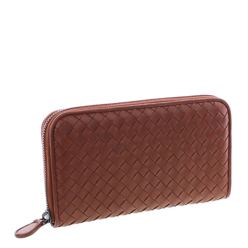 Bottega Veneta/葆蝶家 女士男士通用棕紅色羊皮編織長款拉鏈錢包
