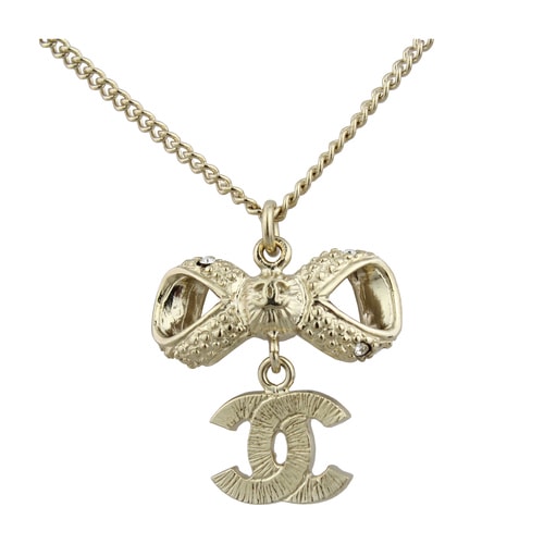 CHANEL/香奈兒 淡金色雙C鑲水鉆蝴蝶結(jié)吊墜項(xiàng)鏈