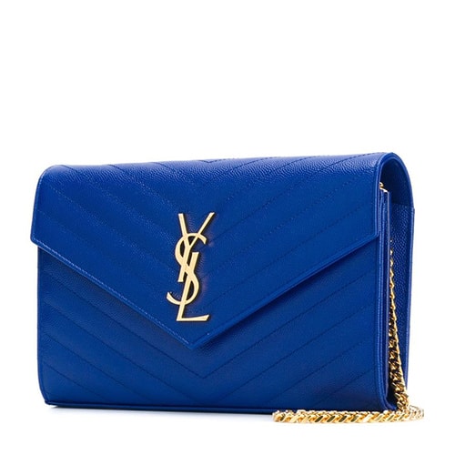 Yves saint Laurent/圣羅蘭 'Monogram'金屬品牌logo藍(lán)色斜紋小牛皮女士信封式單肩包#377828 BOW01 4350