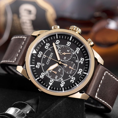 Citizen/西鐵城 光動能玫瑰金大表盤計時男表CA4213-00E