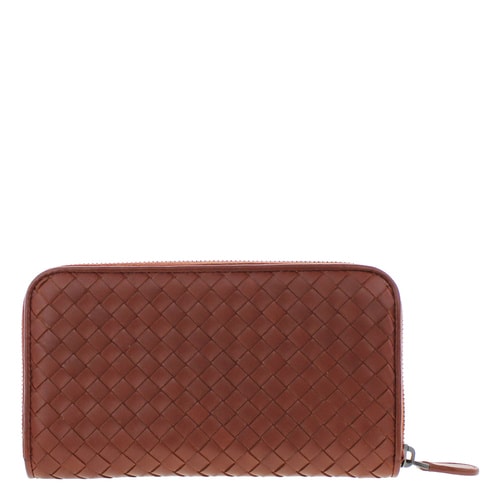Bottega Veneta/葆蝶家 女士男士通用棕紅色羊皮編織長款拉鏈錢包