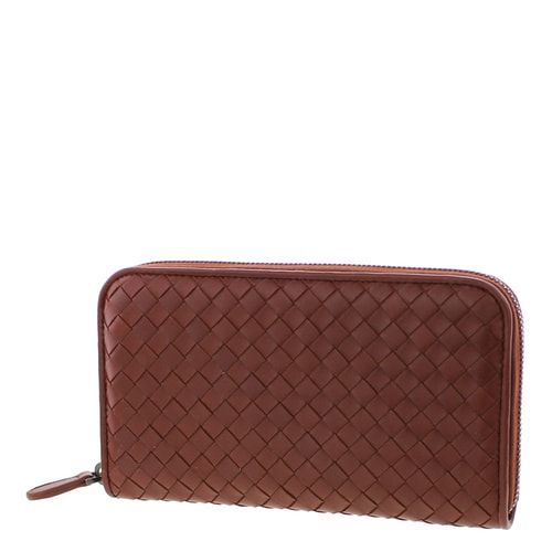 Bottega Veneta/葆蝶家 女士男士通用棕紅色羊皮編織長款拉鏈錢包